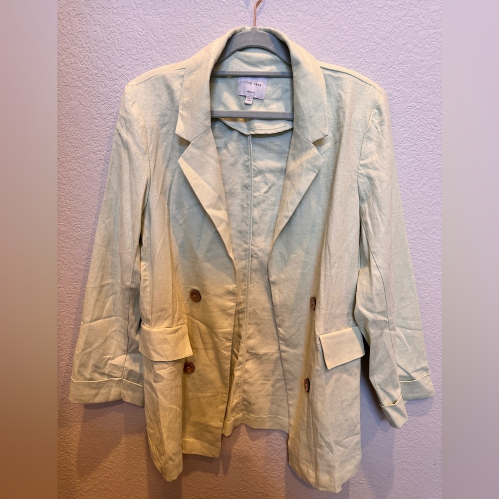 NWOT Love Tree Linen-Blend Double-Breasted Blazer – Mint Green – Size Medium